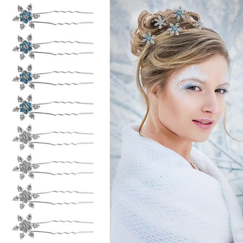 8 Pcs Christmas Hair Clips Snowflake Rhinestone Bridal U-Shape Hairpin Crystals Bobby Pins Hair Stylish Accessories for Women Girls Winter Wedding Christmas Party (Silver, Blue)