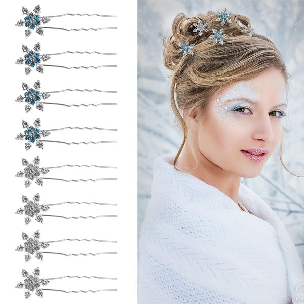 8 Pcs Christmas Hair Clips Snowflake Rhinestone Bridal U-Shape Hairpin Crystals Bobby Pins Hair Stylish Accessories for Women Girls Winter Wedding Christmas Party (Silver, Blue)