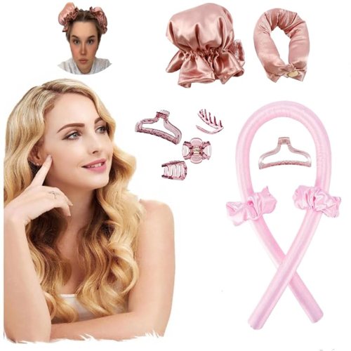 5Pcs Heatless Hair Curler Set – Get Gorgeous Curls without Heat, includes Sleep-Friendly Hair Bonnet, Flexible Rods, and Silk Hair Wrap – for All Hair Types