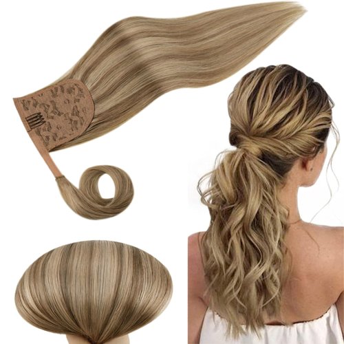 RUNATURE Human Hair Ponytail Extension Blonde Clip in Ponytail Hair Extension Dark Blonde Highlight Caramel Blonde Short Ponytail Human Hair Extensions Straight Pony Tails Hair Extension 12 Inch 70g