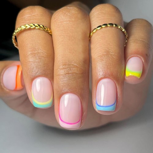 French Tip Press on Nails Square Fake Nails Short False Nails with Double Line Colour Tips Design Rainbow Acrylic Nails Squoval Nail Shape Artificial Nails DIY Full Cover Manicure Tips for Women Girls