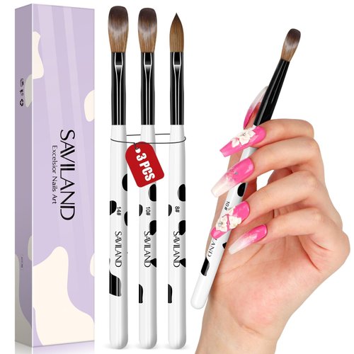 Saviland 3pcs Acrylic Nail Brush Set, Size 8/10/14 Kolinsky Acrylic Nail Brushes for Acrylic Application, Acrylic Powder Nail Art Extension with Black & White Handle for Beginner & Professional