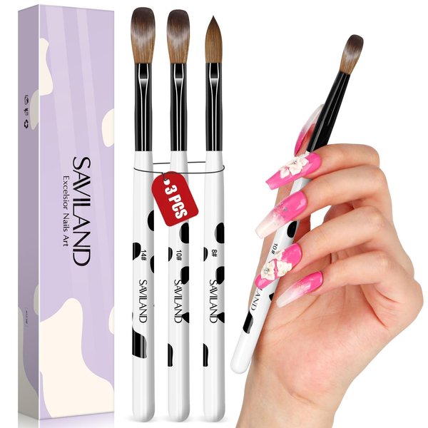 Saviland 3pcs Acrylic Nail Brush Set, Size 8/10/14 Kolinsky Acrylic Nail Brushes for Acrylic Application, Acrylic Powder Nail Art Extension with Black & White Handle for Beginner & Professional