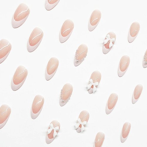 White French Tip Press on Nails Almond - WLGDLH Short Fake Nails Nude Pink False Nails Cute Bow Nail Charms Design Acrylic Nails Heart Pearls Nail Tips Full Cover Glue on Nails for Women Girls 24 Pcs