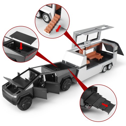Toy Trucks Cybertruck with Trailer RV Cyberquad Car Toy 1:32 Cyber Toy Trucks Gray Cybertruck Metal Diecast with Lights Sounds Effects, Fun Toy Cars Holiday Great Gifts Idea Kids Boys