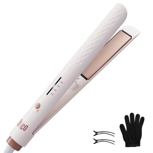 Quico Hair Straightener, Professional Negative Ion Flat Iron Hair Straightener, 15s Fast Heating, Temp Memory, 320℉-450℉, 110-240V, Auto-Off, with Glove and Clips, Gift, Pink