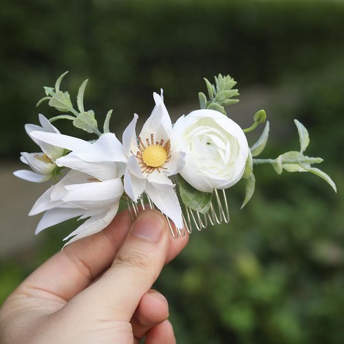 Fangsen Boho Wedding Hair Accessories Lavender Rose Hair Comb Floral Festival Headpiece for Women and Girls Silver (White)