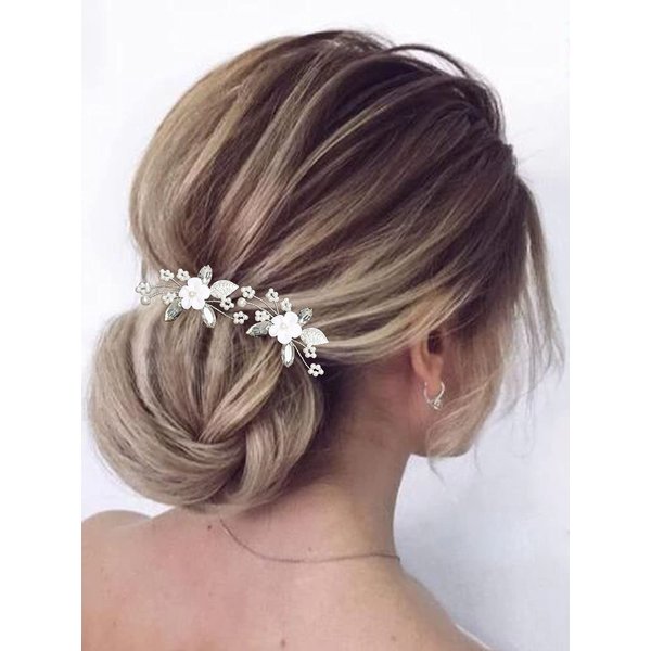 Heread Flower Bride Wedding Hair Pins Crystal Bridal Head Piece Pearl Hair Accessories for Women and Girls (Pack of 2) (B Silver)
