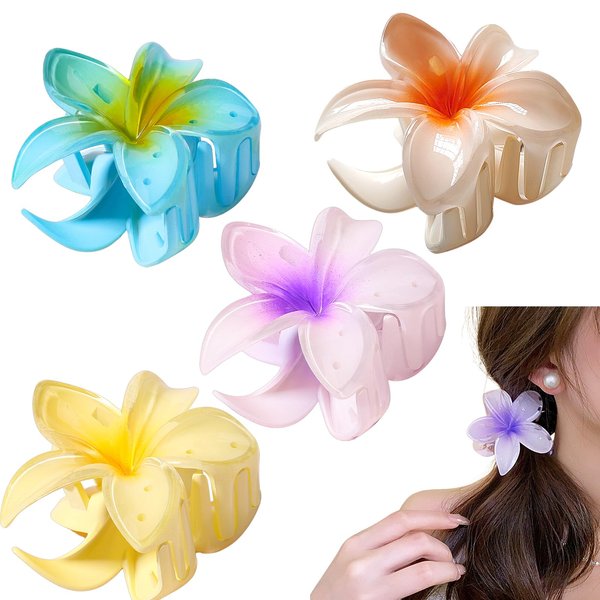 Flower Claw Hair Clips for Thick Hair - Strong Hold Nonslip Banana Clips, Hair Beach Accessories for Teen Girls, 4PCS in Yellow, Red, Blue, Purple