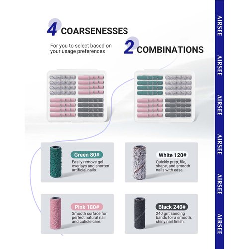 AIRSEE 3.1mm Small Sanding Bands for Electric Nail Drill 80 Piece Set 120 180 240 Grit Acrylic File Attachments Mini Professional Sander 1 Mandrel Bits Beauty (White-Pink-Black)