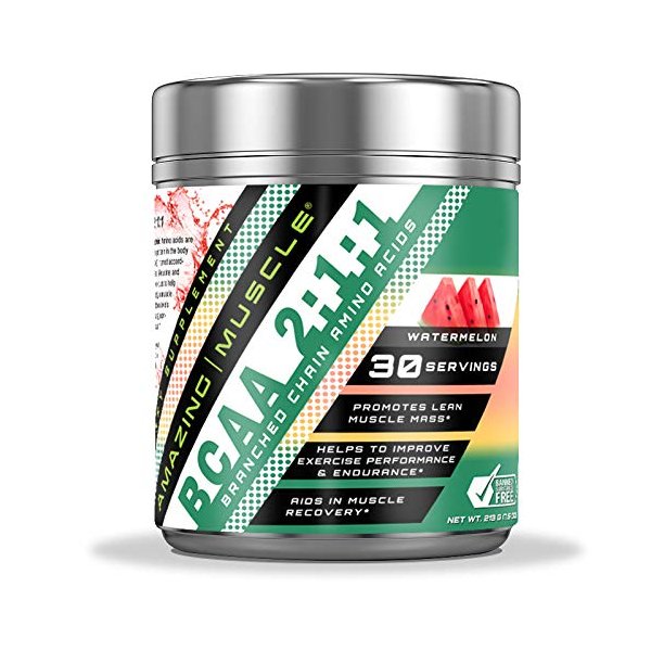 Amazing Muscle BCAA 2:1:1 Branched Chain Amino Acids Supplement | 6000 Mg Per Serving | 30 Servings | Watermelon Flavor