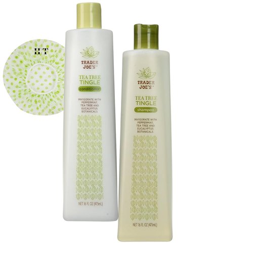 Trader Joe's Tea Tree Tingle Shampoo & Conditioner, 16 oz with 1 HappyTasty Shower Cap (Color May Vary)