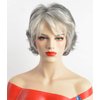 SEVENCOLORS Short Grey Wigs for White Women Layered Mixed Silver Curly Wigs with White Bangs Grandma Synthetic Hair Gray Wigs for Older Women