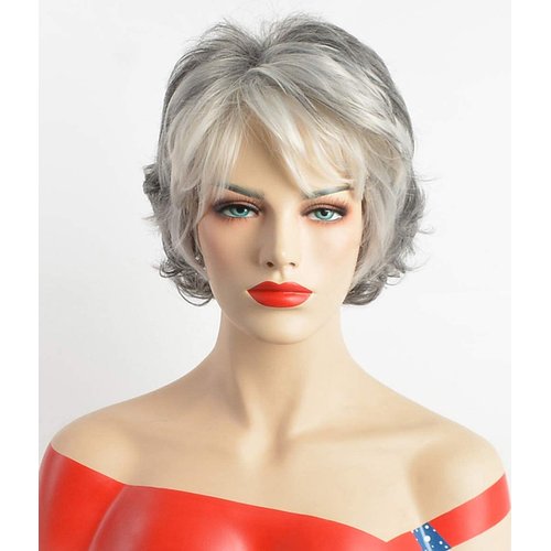 SEVENCOLORS Short Grey Wigs for White Women Layered Mixed Silver Curly Wigs with White Bangs Grandma Synthetic Hair Gray Wigs for Older Women