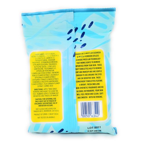 Trader Joe's Micellar Cleanser and Makeup Remover 20 Pre-Moistened Towelettes 7.87 in x 7.87 in - Pack of 2