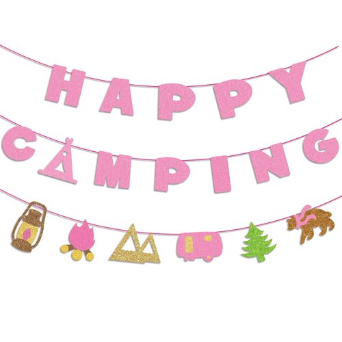Pink Camping Happy Birthday Banner Pink Camping Party Supplies Pink Camping Party Banner Pink Camping Banner for Baby Shower Kids Pink Camping Fiesta Theme Decorations Pink Camping Birthday Party Supplies