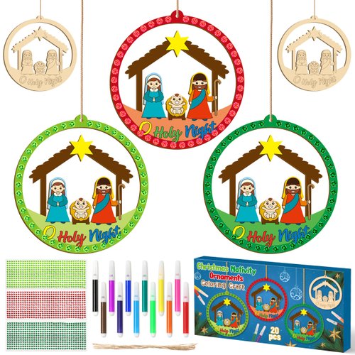 BeYumi Christmas Wooden Ornament Craft - 20Pcs Nativity DIY Wooden Ornaments Craft Kit for Kids Make Your Own Nativity Christian Religious Xmas Craft with Gem Sticker Church Party Decoration Supplies