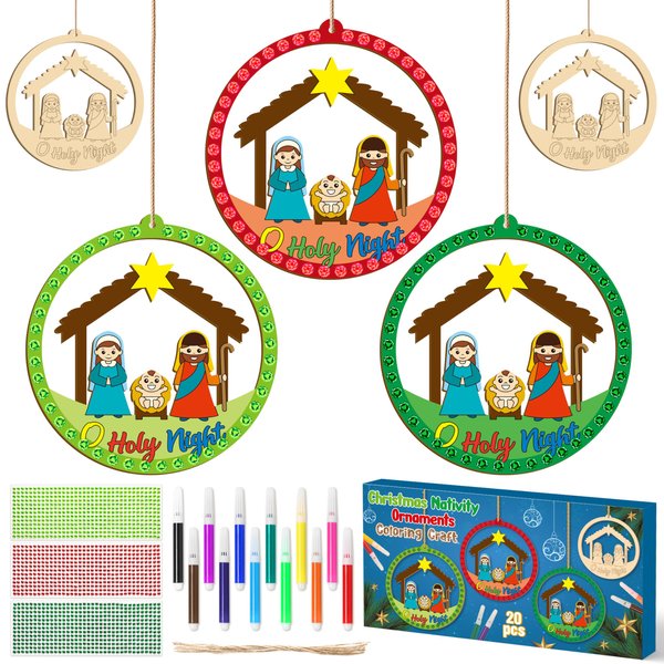 BeYumi Christmas Wooden Ornament Craft - 20Pcs Nativity DIY Wooden Ornaments Craft Kit for Kids Make Your Own Nativity Christian Religious Xmas Craft with Gem Sticker Church Party Decoration Supplies