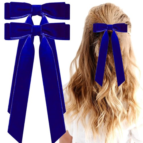 2PCS Velvet Hair Bows Ribbon Hair Clips, Alligator Hair Pins, Ponytail Holder Accessories Sides Metal Hair Bow Barrettes Hair Accessories for Women Girls Kids (Blue)