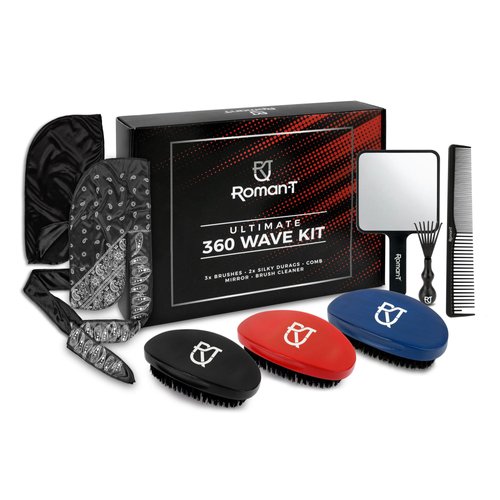 Roman-T 8-in-1 360 Wave Brush Kit for 360 Waves - 3 Brushes, Soft, Medium & Hard - 2 Silky Satin Durag - Black & Black Paisley, Hand Mirror, Comb, Hair Brush Cleaner - Gift Set