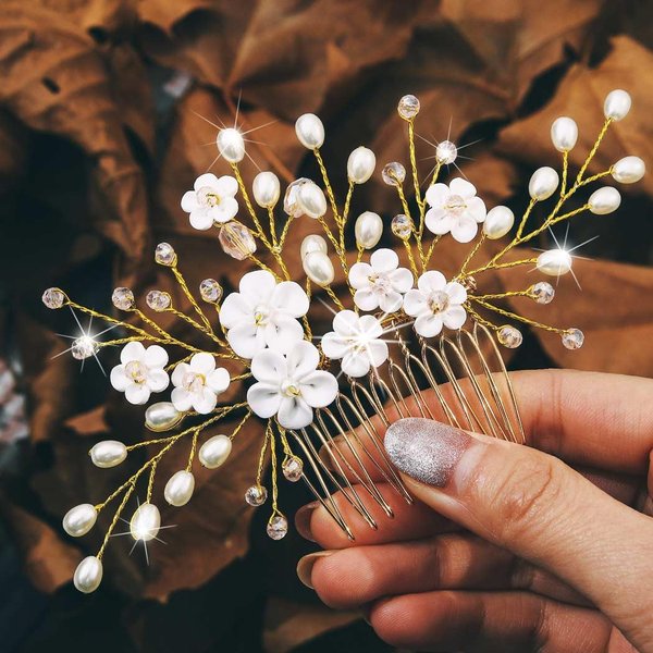 YBSHIN Flower Bride Wedding Hair Comb Gold Pearl Hair Pieces Rhinestone Bridal Hair Accessories for Women and Girls (Style 1)