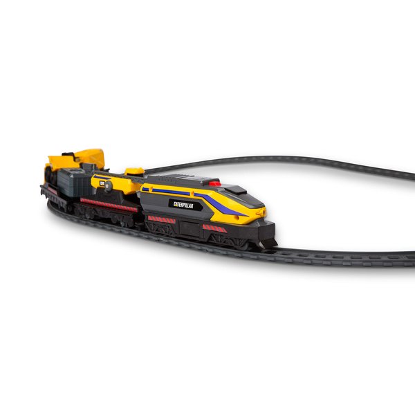 CAT Construction Toys, Little Machines Power Tracks Battery Operated Train Set, Engine with Working Headlight, 3 Rail Cars, Working Crane, 2 Magnetic Cargo Containers, and 2 CAT Trucks for Kids