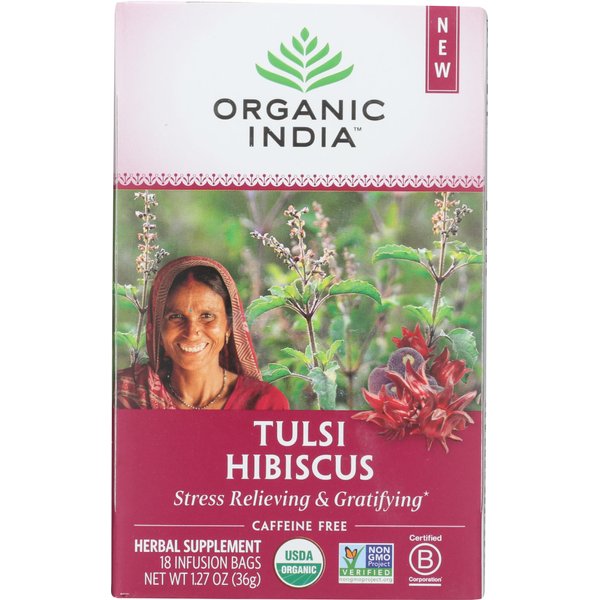 ORGANIC INDIA Tulsi Hibiscus Tea Bags - Holy Basil Herbal Tea, Stress Relieving, Immune Support, Adaptogen, USDA Certified Organic, Non-GMO, Calming, Caffeine-Free - 18 Infusion Bags, 1 Pack