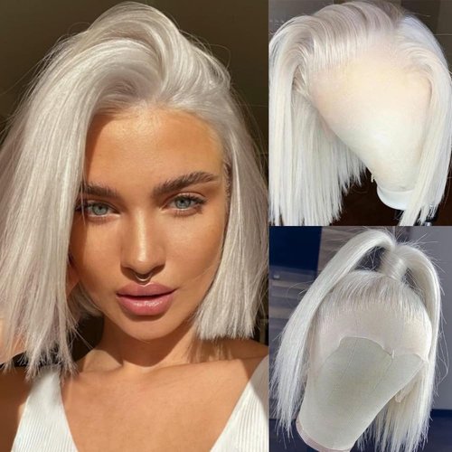 21AE Platinum Blonde Wigs Human Hair Real Skinlike Wear and Go Glueless Bob Lace Front Wigs for Women 10'' Pre plucked Frontal and Bleached Knots 60# Gray White Bob Wigs with Baby Hair 130%