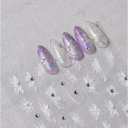 White Flower Nail Art Stickers Decals 5D Embossed Nail Decals Self Adhesive Diamond Flower Nails Stickers Spring Flower Nails Transfer Decals Floral Nails Supplies for Women Nail Art Decorations 1pc