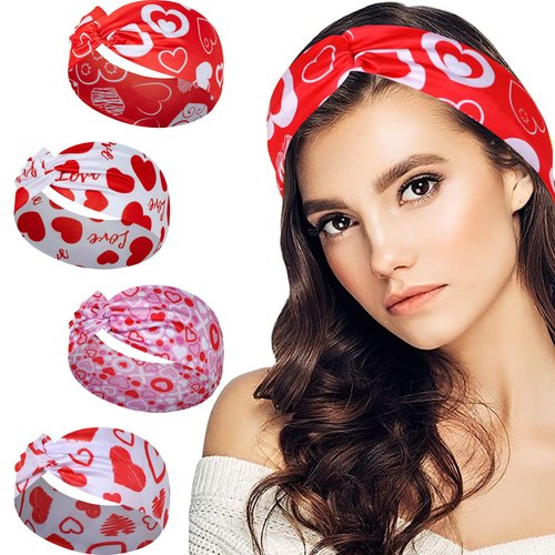 4 Pcs Valentine's Day Headbands for Women, Wide Turban Dress Up Costume Breathable Stretchy Non Slip Head Wrap, Love Heart Printed Pattern Holiday Fall Winter Hair Band for Yoga Running Party