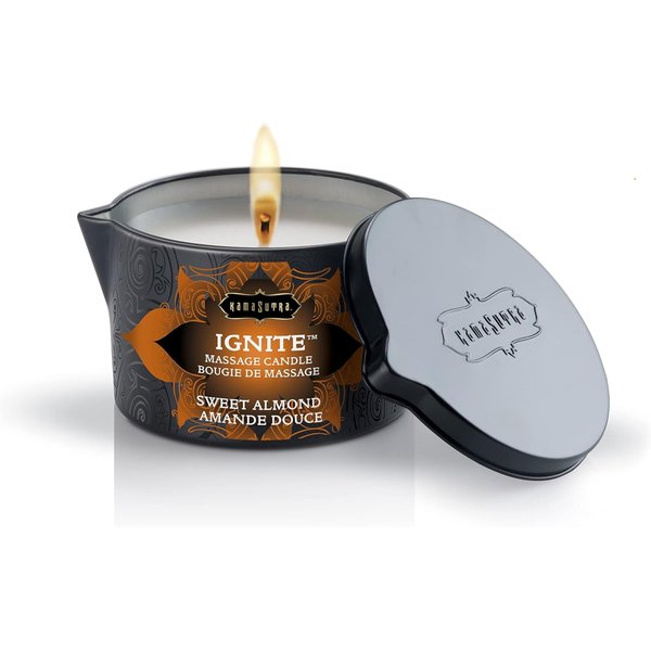 KAMA SUTRA Ignite Massage Candle - Coconut Oil and Soy Based - Sweet Almond, 6 oz/170 g Sore Muscle Massage Oil - Moisturizing - Natural Therapy Oil - Warming, Relaxing, Sensual Massage