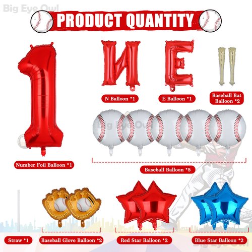 Rookie Of The Year 1st Birthday Decorations Baseball Foil Number 1 Balloons Set One First Birthday Party Supplies Glove Round Baseball Bat Theme Mylar Balloon Boys