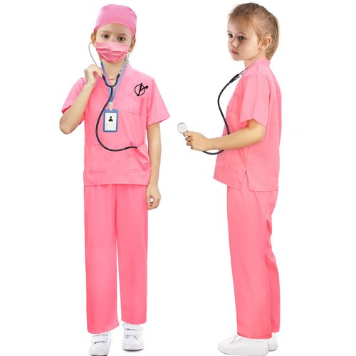 BOMLY Doctor Costume for Kids 7Pcs Toddler Nurse Scrubs Set With Halloween Dress Up Costumes for Boys and Girls Ages 3-11 (Pink, 5T-6T)