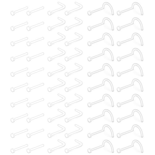 Ftovosyo 60 Pieces Clear Nose Ring L Shape Screw Bone Flexible Acrylic Nose Stud Retainer Body Piercing for Women Men 22G Flat Size 2mm