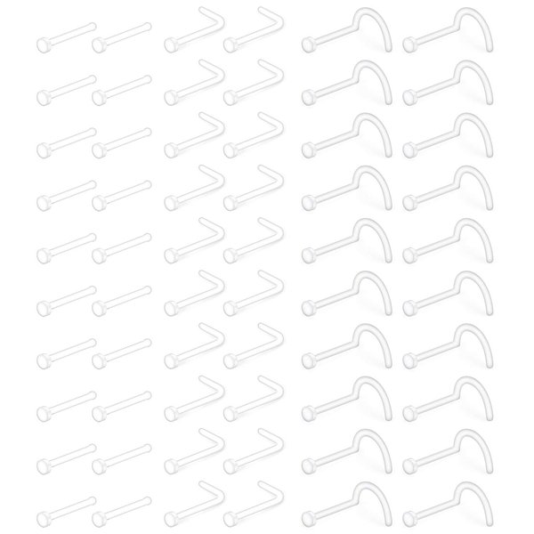 Ftovosyo 60 Pieces Clear Nose Ring L Shape Screw Bone Flexible Acrylic Nose Stud Retainer Body Piercing for Women Men 22G Flat Size 2mm