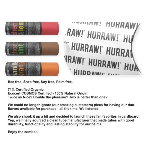 Hurraw! Cherry Lemon, Chocolate Mint & Vanilla Orange Lip Balm 3 Pack Bundle: Plastic-Free with new cardboard push-up tube. Certified Organic, Natural & Vegan. Bee, Shea, Soy & Palm Free. Made in USA