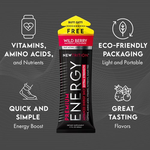NewTrition Extra Strength Energy Shots, Caffeine Energy Shots with Vitamin B & Amino Acids, Sugar-Free Vitamin Energy Shot, 1.7 fl oz, Raspberry, 4 Count
