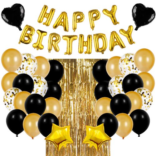 JOYYPOP Birthday Party Decorations Happy Birthday Balloons Banner with Black and Gold Balloons Set, Gold Foil Fringe Curtain for Men Women Boy Adults Birthday Party (Black and Gold）