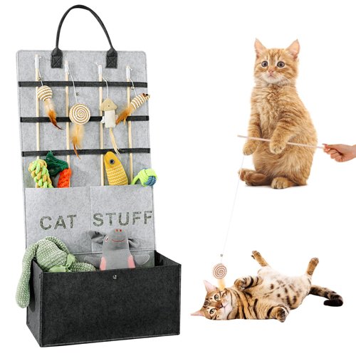 MABOZOO Cat Toy Storage Organizer for Wand Toys,Durable Pet Storage Box with Handle Cat Feather Toy Storage Hanging Bag for Neatly Organizing Teaser Wand Toys（Dark Grey）