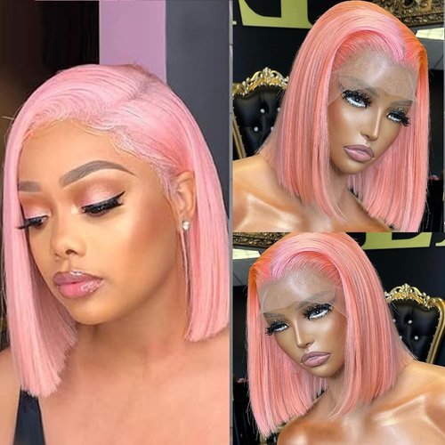 SUNFA Pink Bob Wigs Human Hair, Bob Lace Front Wigs for Black Women 13X4 HD Lace Transparent Middle Part Straight Short Cut Wigs 8 Inch Glueless Blunt Bob 150% Density Pre Plucked with Baby Hair