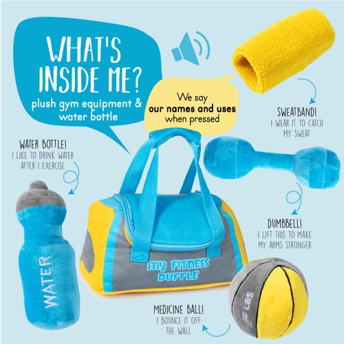 Talking Plush Baby Workout Toys | Baby Crossfit Toy | Plush Fitness Duffle Toy Set | 4 Talking Soft Plush Workout Gear | Medicine Ball, Dumbbells, Sweatband, & Water Bottle | Plush Duffle Bag Carrier