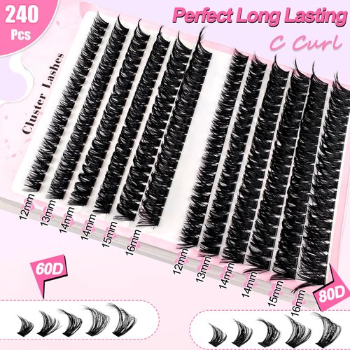 Fluffy Lash Clusters Kit 240pcs DIY Lash Extension Kit, Wispy Lash Clusters Kit Natural 60D+80D Mixed 12-16mm Eyelashes Kit C Curl with Lash Bond and Seal and Lash Applicator Tool.(60+80 Kit)