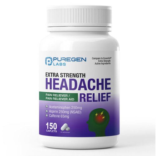 Puregen Labs Extra Strength Headache Caplets, Aspirin 250 mg (NSAID), Caffeine 65 mg, 150 Count