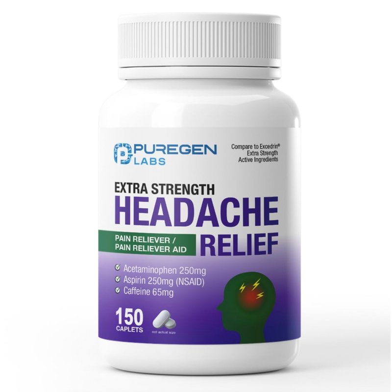 Puregen Labs Extra Strength Headache Caplets, Aspirin 250 mg (NSAID), Caffeine 65 mg, 150 Count