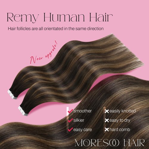 Moresoo Tape in Human Hair Extensions Balayage Hair Extensions Invisible Tape in Extensions Real Human Hair Balayage Darkest Brown Mix with Medium Brown Tape in Remy Hair 20 Inch #2/6/2 20pcs 50g
