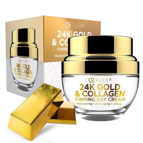 Clear Beauty Korean 24K Gold and Collagen Daily Face Moisturizer - Reduces Age Spots, Fine Lines & Wrinkles, Lifting & Firming Day Cream - Cruelty Free Korean Skin Care For All Skin Types