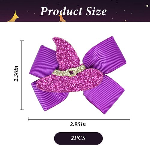 2pcs Halloween Bow Hair Clips for Girls, Witch Hat Hair Bows Sparkly Glitter Purple Bows Duck Bill Hairclips Hair Barrettes Halloween Witch Hair Accessories Party Favors Gifts for Toddlers Girls Women