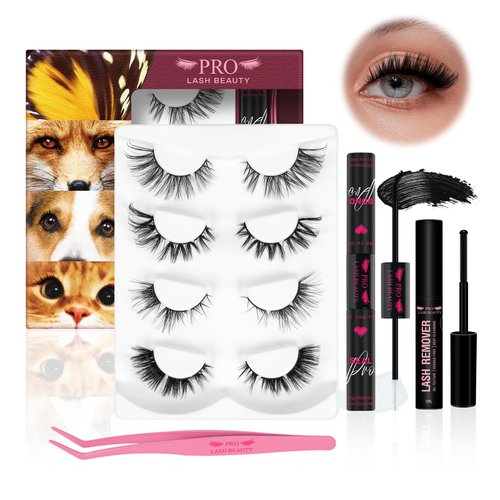 PRO Lash Clusters Kit 3 Steps Cluster Lashes 4 Animal Styles Mixed Fox Eye Cat Eyelashes Kit with Lash Bond And Seal Lash Tweezers Easy To Use Suitable Various Eyeshape For DIY Lash Extension