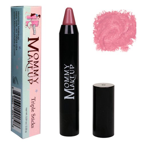 Mommy Makeup Triple Sticks Lipstick & Cream Blush in Pink Daisy (A Daisy Pink with Shimmer) - Soft & Creamy, Moisturizing Multistick For Lips & Cheeks with Medium Coverage