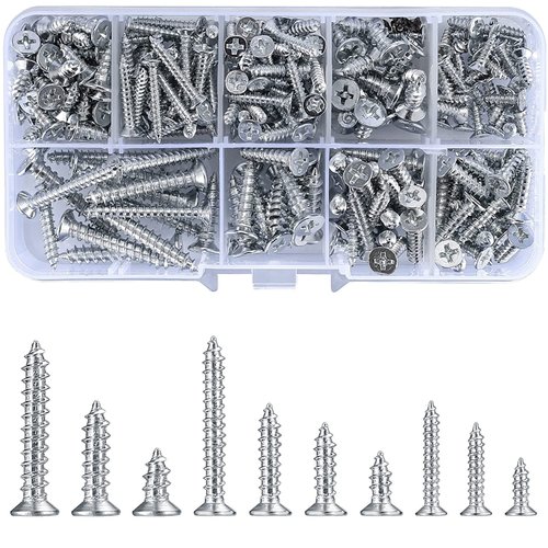 wugongshan 250G Self Tapping Screws Assortment Fasteners Set, M3/M4/M5 Sheet Metal Screws Fasteners Kit, Round Phillips Drive Flat Countersunk Head Wood Screws for Woodworking - 10 Sizes